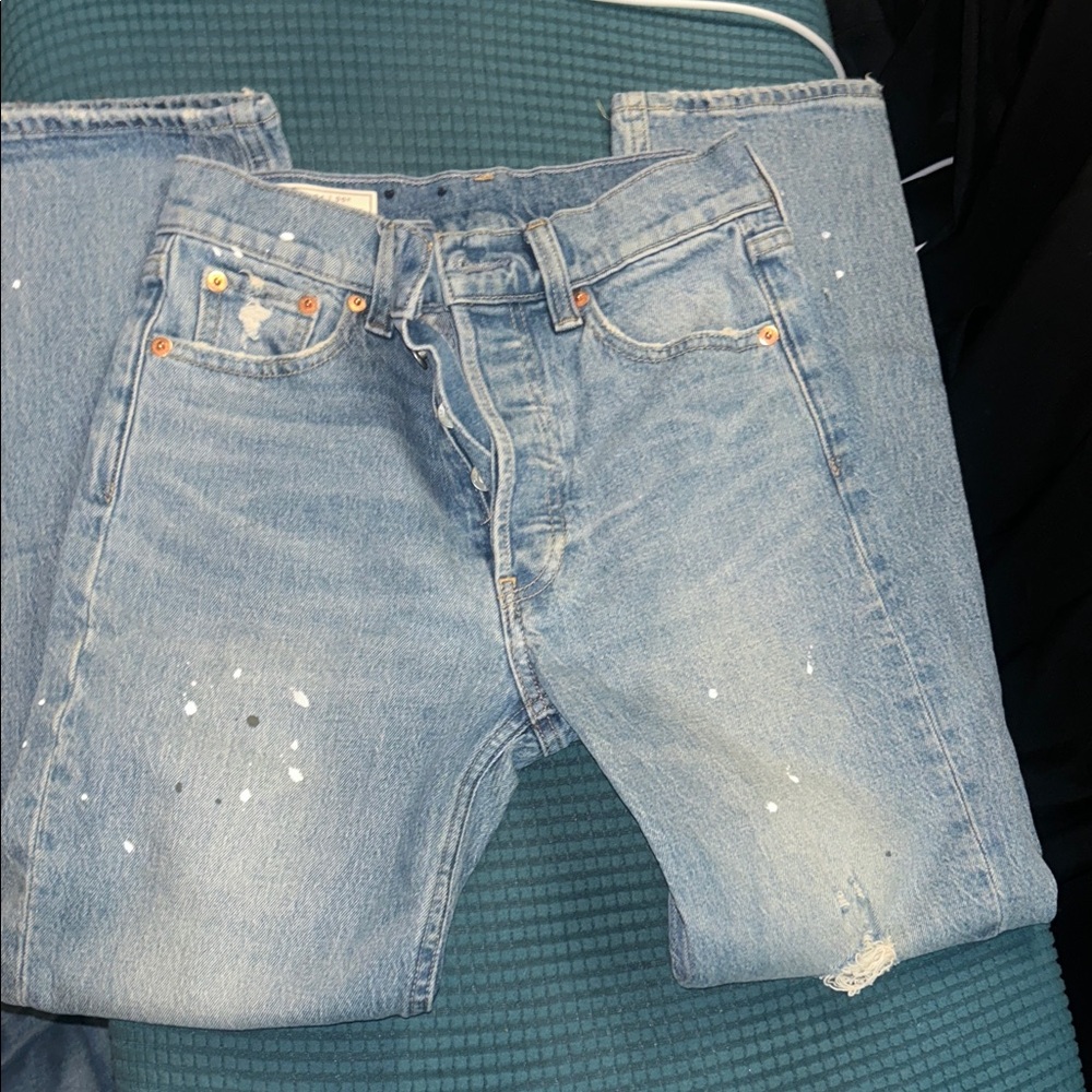 Distressed Gap High Rise  Blue Jeans with Paint Splatter Design